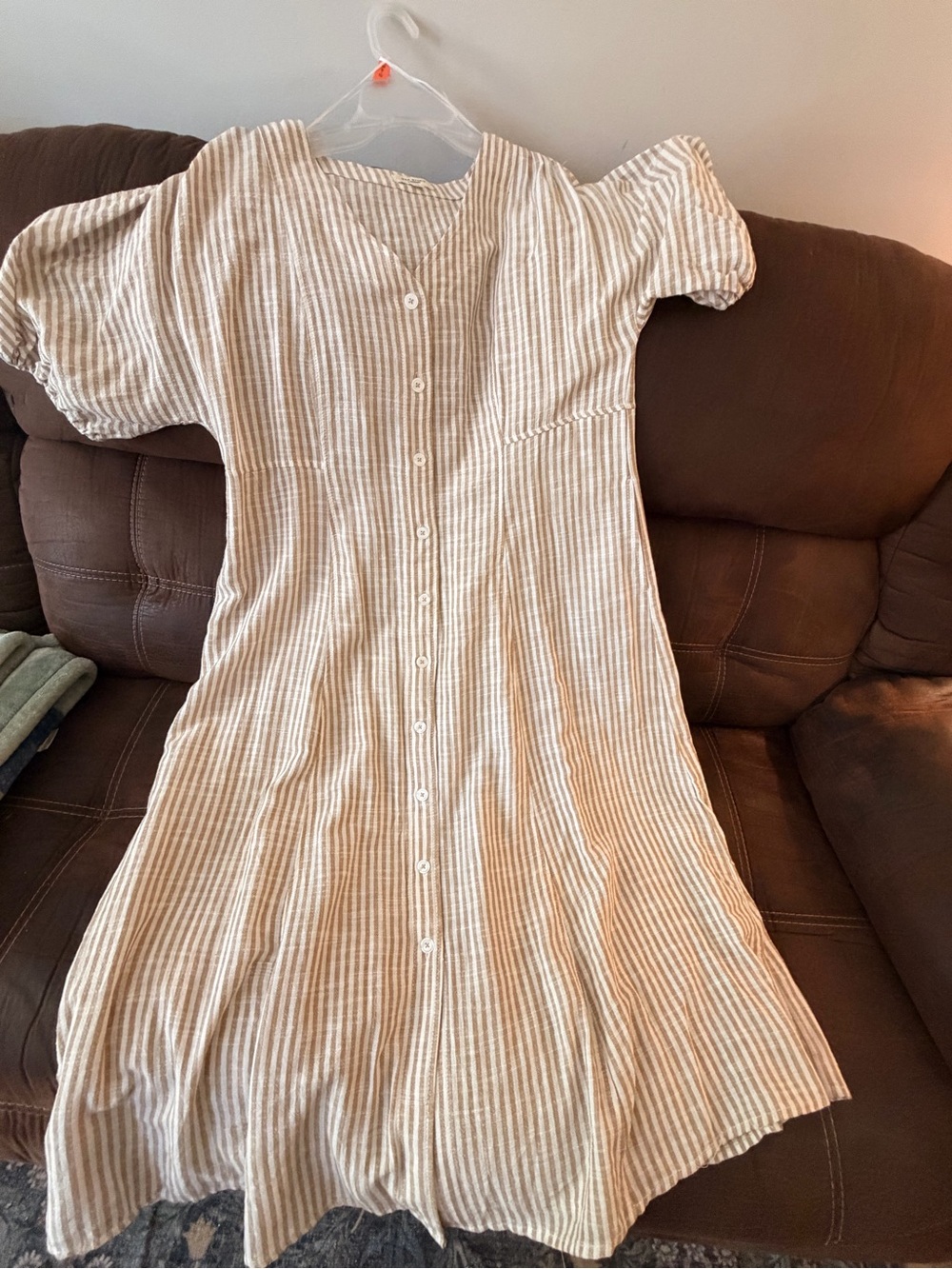 Button-Front Striped Linen Blend Midi Dress - Beige/White